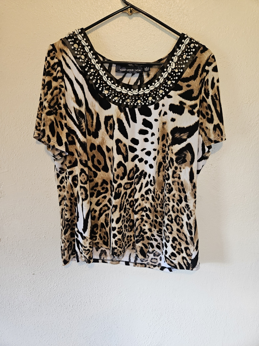 Susan Graver Animal Print Short Sleeve Top with Embellished Neckline - Tan/Black